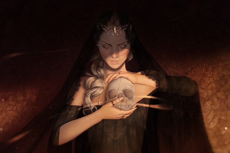 artwork, fantasy art, fantasy girl, skull, Gabrielle Ragusi, see-through clothing, frontal view
