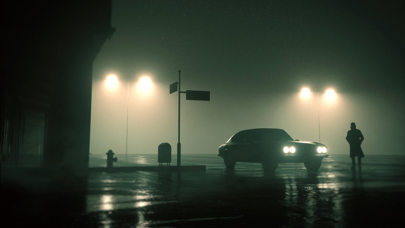 digital art, artwork, night, cold, car, lights, fire hydrants, road sign