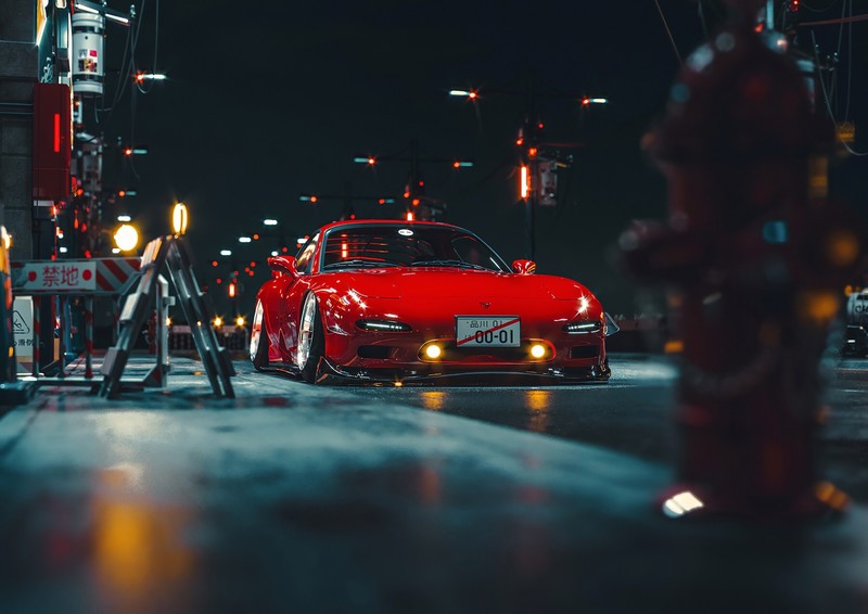 Mazda RX-7, car, night, vehicle, red cars, Mazda, Mazda RX-7 FD, stanced, negative camber
