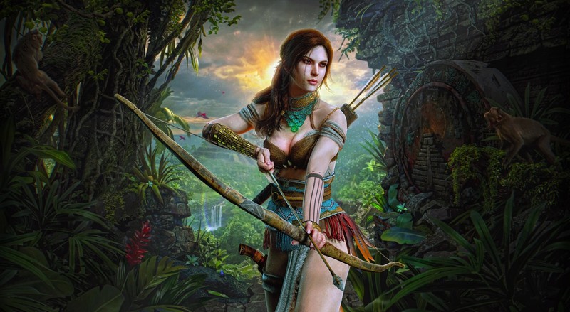 artwork, bow, archer, fantasy girl, fantasy art, Lara Croft, Shadow of the Tomb Raider