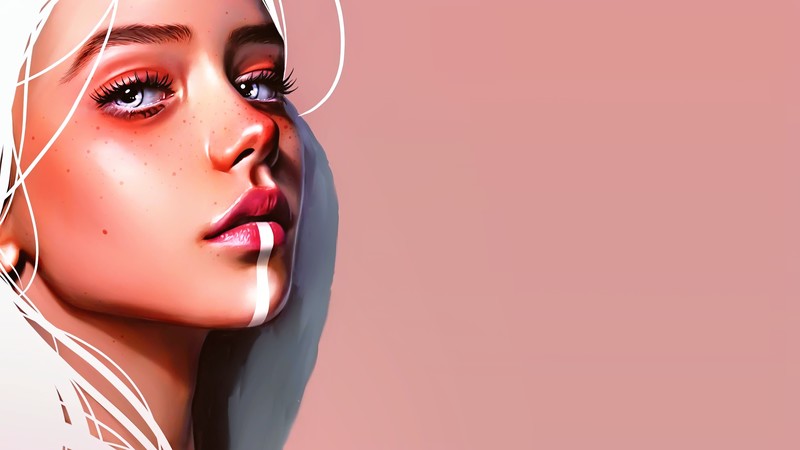 women, people, science fiction, digital art, concept art, artwork, fan art, CGI, painting, realistic, portrait, face, closeup, Photoshop, simple background, red lipstick, hair in face, long hair, blue eyes