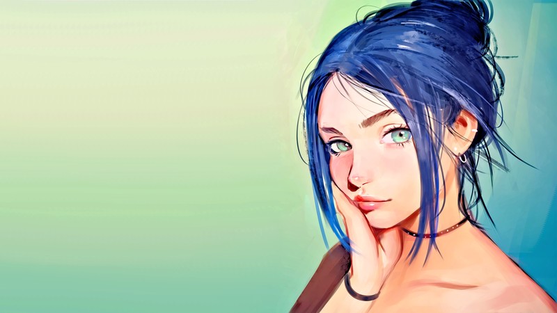 women, science fiction, digital art, concept art, artwork, fan art, CGI, painting, realistic, portrait, face, closeup, Photoshop, simple background, hair in face, long hair, green eyes, bare shoulders
