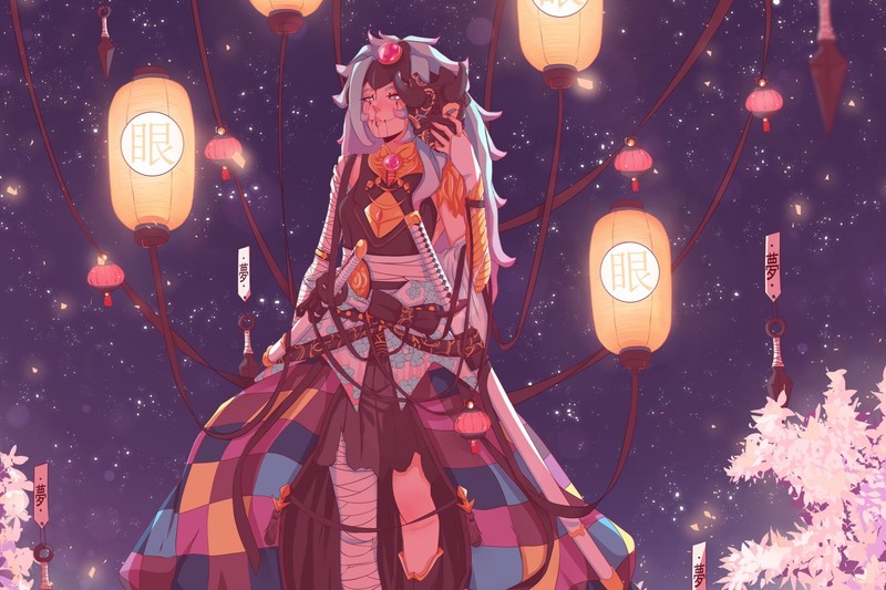 anime, anime girls, fantasy art, fantasy girl, katana, lantern, mask