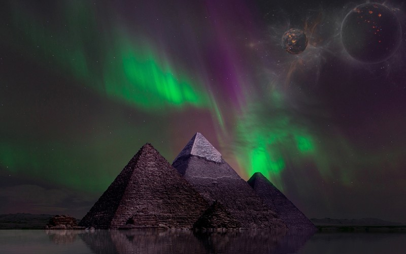 aurorae, pyramid, night, fantasy art