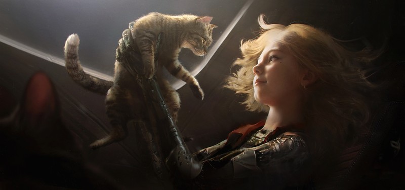 artwork, futuristic, cats, women, cyborg, blonde, animals