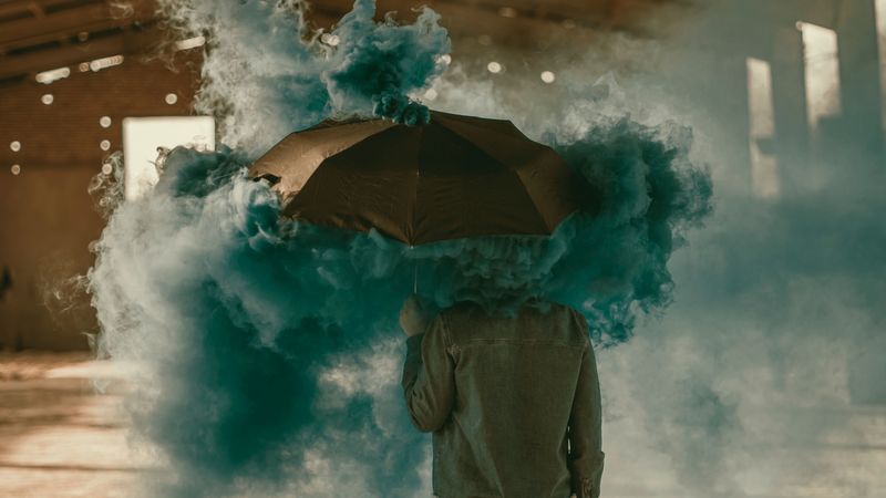 umbrella, smoke, colored smoke, man, 4k