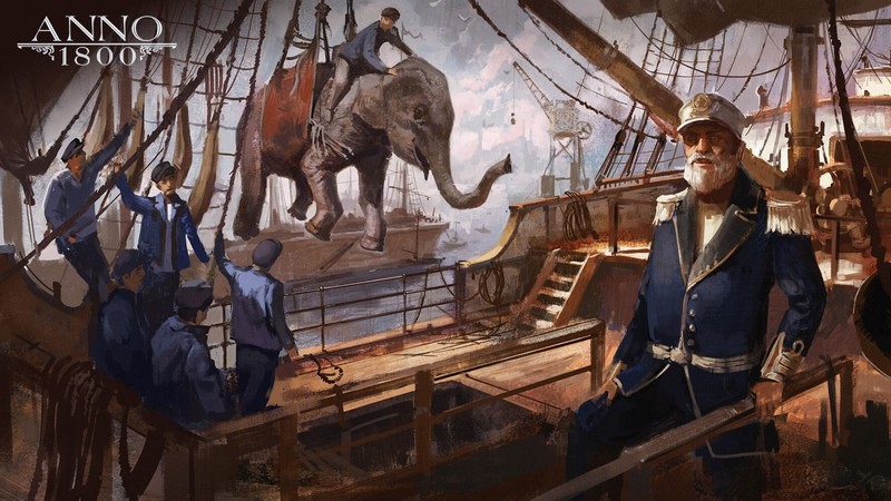 Anno 1800, 1800s, digital art, concept art, artwork, Ubisoft, elephant, sailing ship, rigging (ship)
