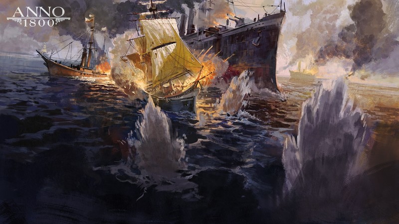 Anno 1800, 1800s, digital art, concept art, artwork, Ubisoft, sailing ship, battleships, ocean battle, explosion