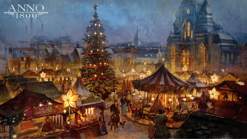 Anno 1800, 1800s, digital art, concept art, artwork, Ubisoft, Christmas, Christmas market, Christmas Tree, carousel, christmas lights, markets