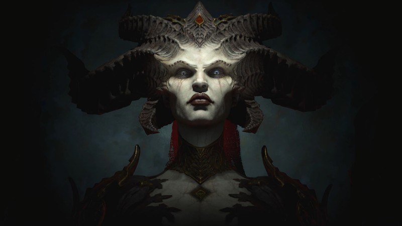 digital art, artwork, video games, Diablo, diablo iv, diablo 4, Lilith (Diablo), horns, looking at viewer, blue eyes, frontal view