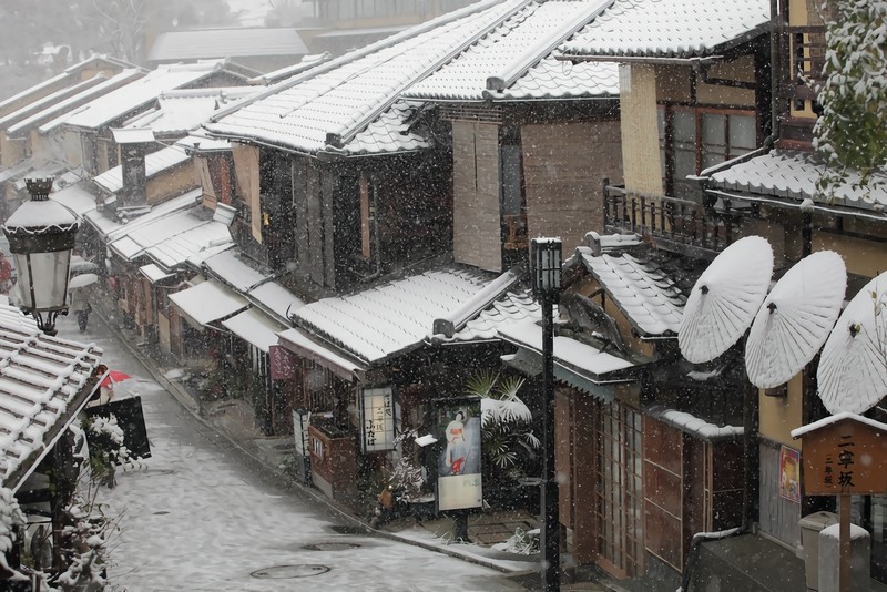 Kyoto, Japan, city, winter, snow, urban