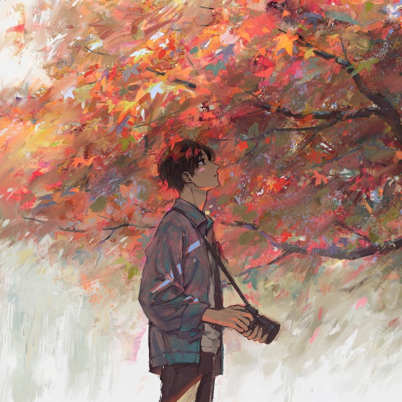 anime, fall, camera, trees, anime boys