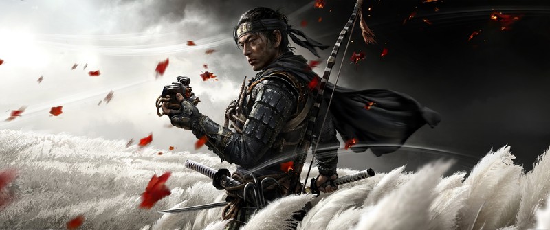 video games, digital art, video game art, katana, samurai, Ronin, Ghost of Tsushima, ultrawide, ultra-wide, Fantasy Men, warrior, fantasy art
