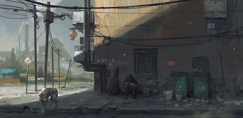 digital art, artwork, street, urban, trash, dog, city