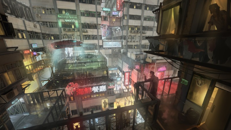 cyberpunk, futuristic, Franklin Chan, rain, flying car, neon sign