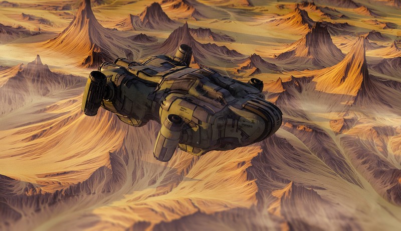 science fiction, spaceship, yellow, artwork, rock formation, sand, mountains, ridges, fantasy art, futuristic, planet, aircraft, technology, detailed, turbine, turbines, mist, high angle, vehicle