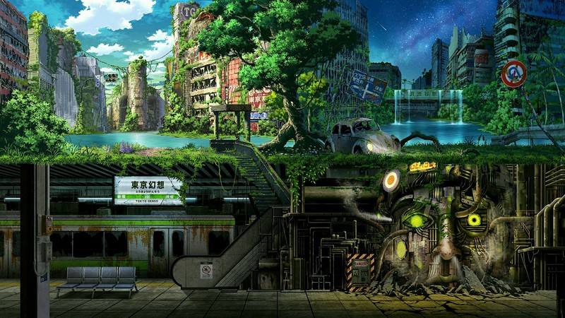 fantasy art, artwork, digital art, greenery, subway, Volkswagen, Volkswagen Beetle, robot, face, underground, ruins, broken glass, apocalyptic, stairs, city, empty, industrial, industrial design, flood, nature, water, green, plants, overgrown, stars, road sign, grass, street, urban, flowers, classic car, old car, car, vehicle, wreck, signs, waterfall, river, trees, moss, Bushes, warning signs, building, train, night, green facade, time