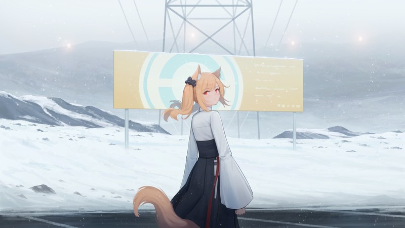 looking back, looking at viewer, fox girl, Fox ears, red eyes, snow, mountains, power lines, Arknights, Sora(Arknights)