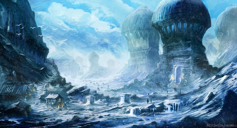 fantasy art, architecture, mountains, science fiction, artwork, digital painting, painting, blue, ice, snow, sky, birds, house, fantasy architecture, fantasy city, mountain pass, winter, village, ridges, rocks, digital art, cyan