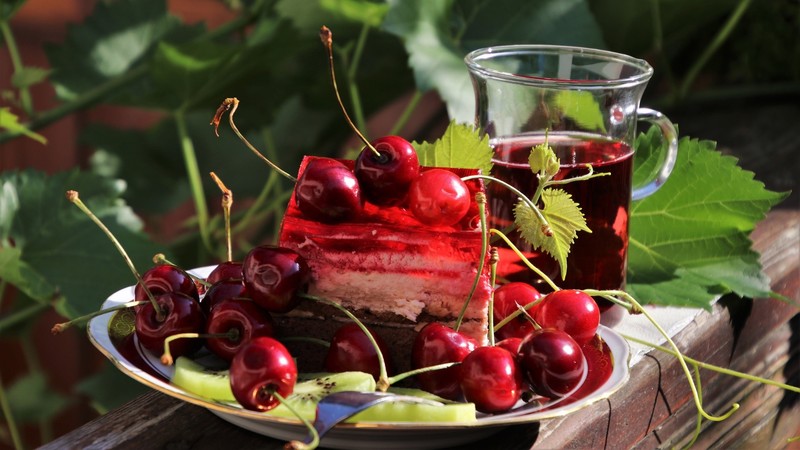 cherries, cake, fruit, food, sweets, berries