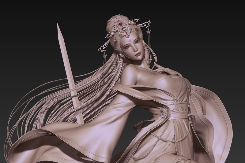 CGI, 3D, sculpture, women, Asian, weapon, sword, long hair, dress, bare shoulders, simple background, face paint, hair accessories