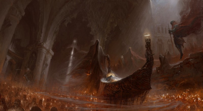 Artem Demura, skull, horror, ancient, river, creature, low-angle, river styx, dark fantasy