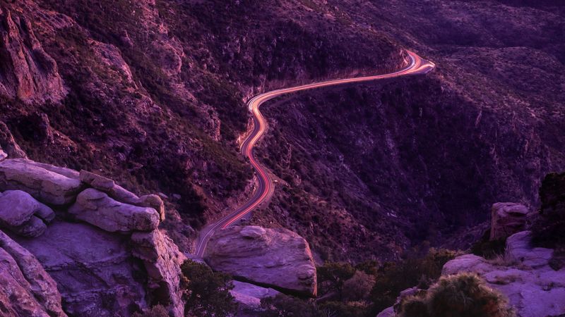 mountains, road, night, backlight, aerial view, sunset, 4k