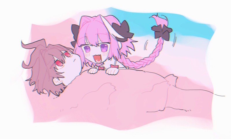 Fate Series, FGO, Fate/Apocrypha, anime boys, fan art, 2D, long hair, short hair, braided hair, brunette, blushing, pink hair, multi-colored hair, Rider of Black (Fate/Apocrypha), Astolfo (Fate/Apocrypha), Sieg (Fate/Apocrypha), femboy