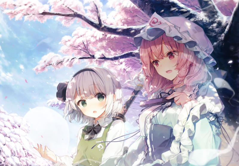 anime, anime girls, digital art, artwork, 2D, portrait, Touhou, red eyes, fantasy girl, green eyes, outdoors, trees, Saigyouji Yuyuko, Konpaku Youmu