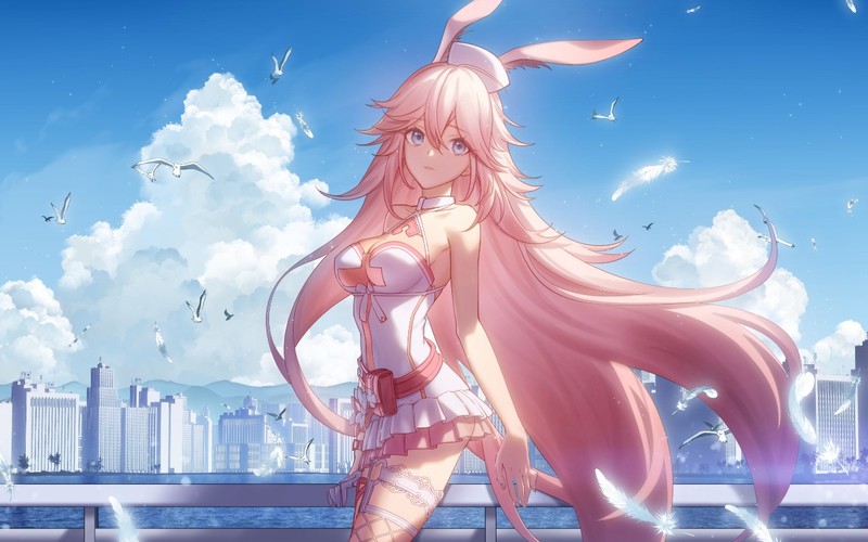anime, anime girls, digital art, artwork, 2D, portrait, long hair, boobs, cityscape, sky, clouds, animal ears, Honkai Impact 3rd, Yae Sakura (Honkai Impact)