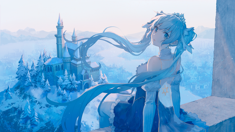 anime, anime girls, digital art, artwork, 2D, portrait, blue hair, blue eyes, blue, castle, fantasy girl, cyan