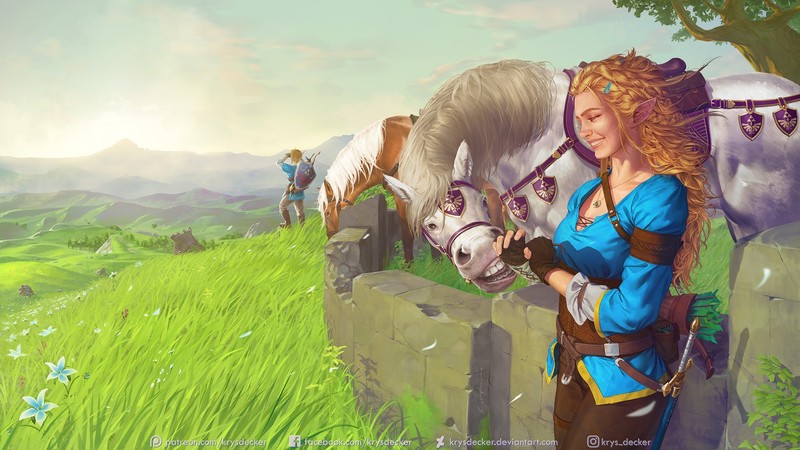 Link, Princess Zelda, Zelda, The Legend of Zelda: Breath of the Wild, The Legend of Zelda, video games, elves, pointed ears, blonde, fantasy girl, wavy hair, braids, braided hair, necklace, Fantasy Men, horse, environment, grass, flowers, sky, fantasy art, video game characters, video game art, artwork, drawing, digital art, illustration, smiling, profile, fan art, Krys Decker, Nintendo, video game girls, pointy ears