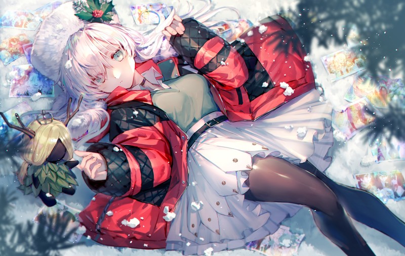 anime, anime girls, digital art, artwork, 2D, portrait, legs, blue eyes, Christmas, top view