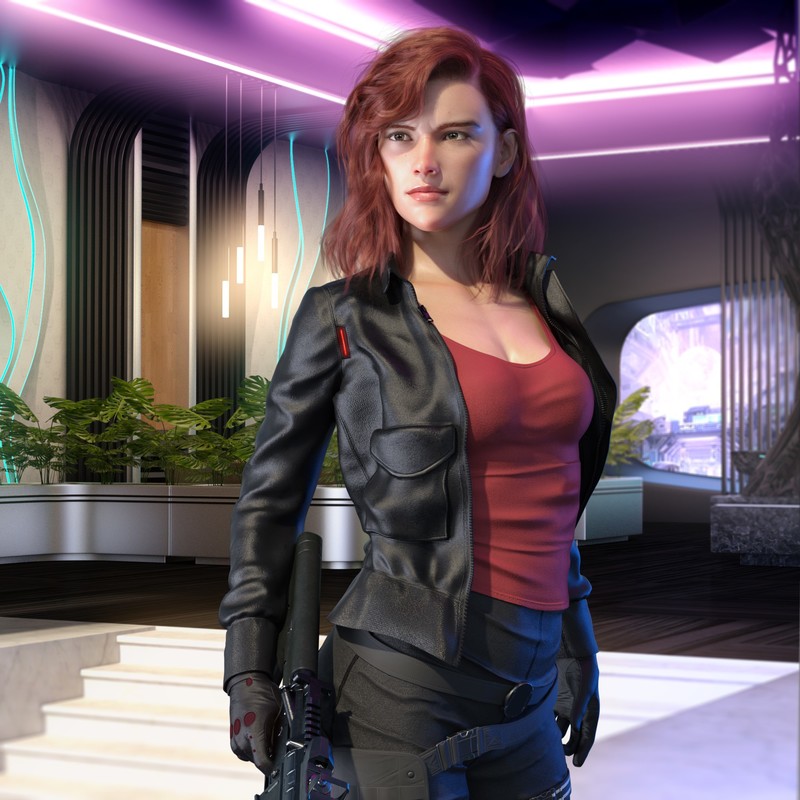 Elite: Dangerous, E:D, PC gaming, video game girls, redhead, Kev-Art, gun, jacket, tank top