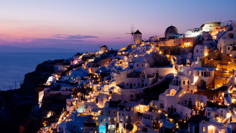 city, resort, sunset, architecture, buildings, oia, greece, 4k