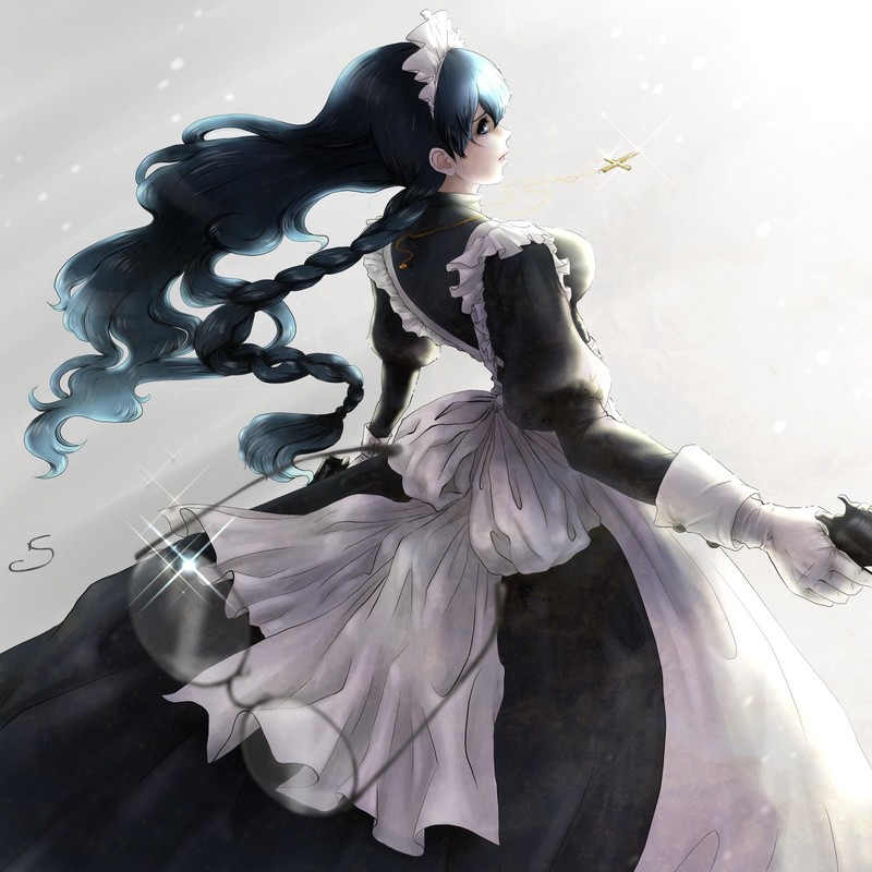 Black Lagoon, anime girls, fan art, 2D, long hair, simple background, women with glasses, braided hair, black hair, holy rosary, looking at viewer, Girl With Weapon, maid outfit, Roberta, big boobs, high angle