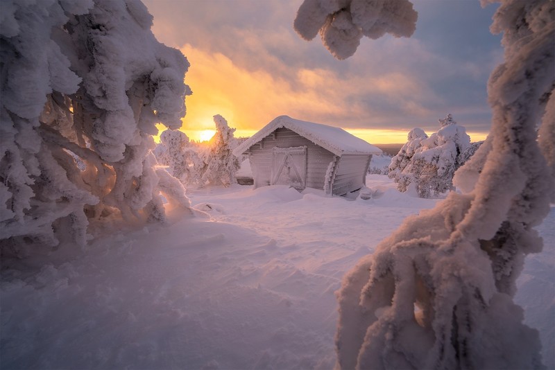 cold, winter, snow, hut, sunlight