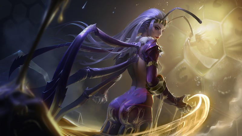 women, original characters, fantasy girl, humanoid, insect, bokeh, jewelry, long hair, blue eyes, looking over shoulder, armor, ass, tight clothing, honey, fantasy art, environment, illustration, artwork, drawing, digital art, Allen Hsieh, bees