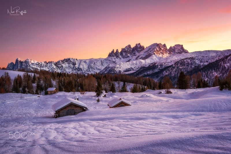 Nico Ruffato, landscape, mountains, peak, snowy mountain, snowy peak, snow, forest, sky, house, 500px