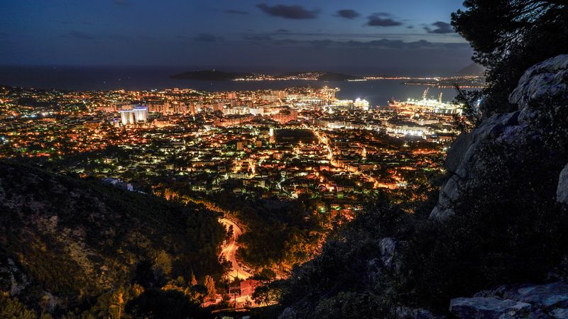 night city, city lights, aerial view, night, toulon, france, 4k