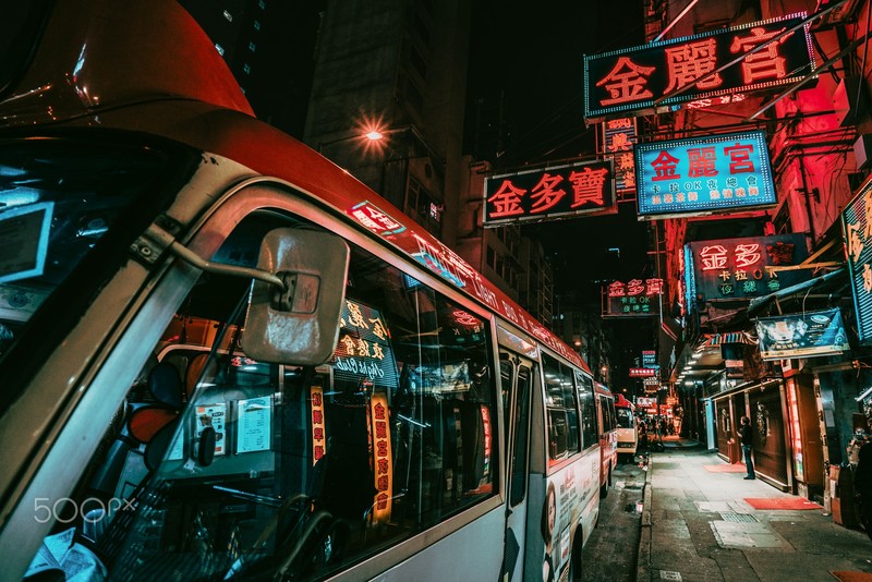 cityscape, night, neon glow, lights, sidewalks, buses, city lights