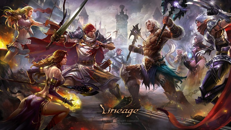 Kim Sung Hwan, drawing, Lineage, men, women, warrior, battle axe, weapon, sword, fighting, elves, magician, spell, staff, armor, smoke, fire, archer, wind, Barbarian, knight