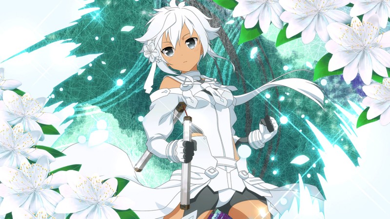 white, cherry plum, white hair, gray eyes, Nunchucks