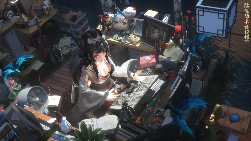 anime, digital art, artwork, 2D, portrait, high angle, T5, kimono, guitar, computer, books, plants