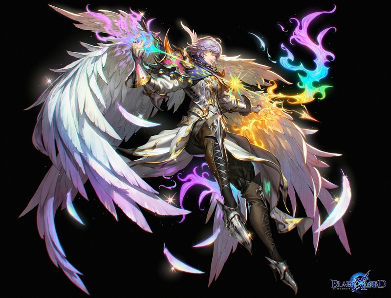 Bluezima, drawing, men, angel, wings, feathers, armor, warrior, magician, spell, colorful, flying, simple background, black background