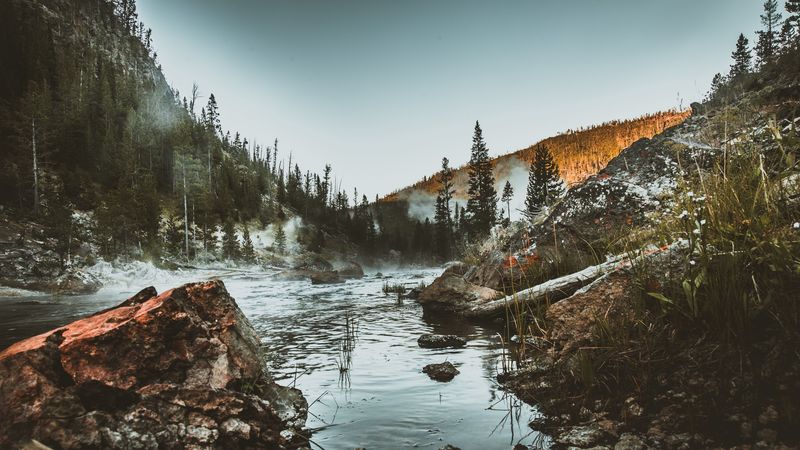 river, stones, mountains, grass, 4k