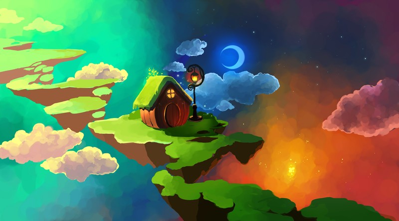 Chibionpu, floating island, space, Moon, stars, clouds, cottage, artwork, lantern, street light