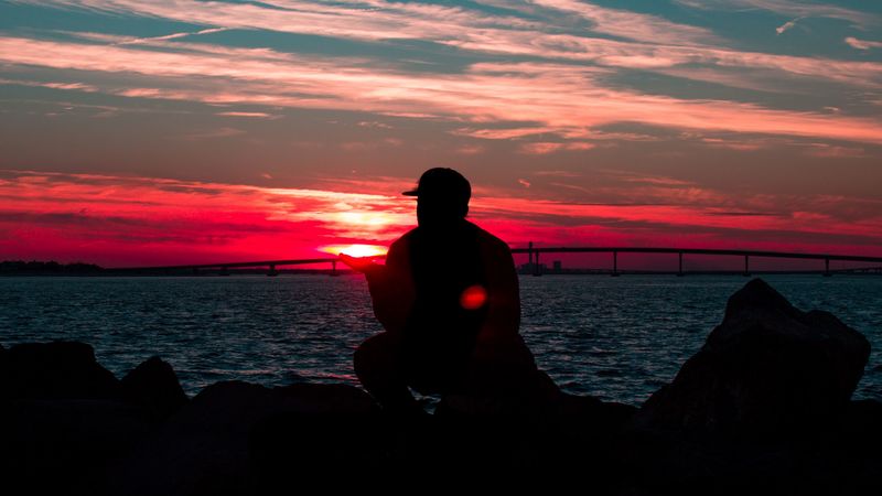 silhouette, sunset, night, sky, solitude, horizon, sea, 4k