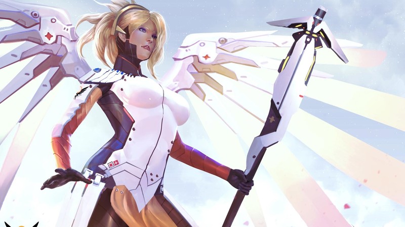 Mercy (Overwatch), Overwatch, wings, angel wings, staff, low-angle