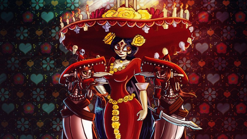 artwork, women, Dia de los Muertos, sombrero, red dress